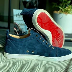 Blue suede size 42.5 (US 9 1/2) no-lace sneakers.